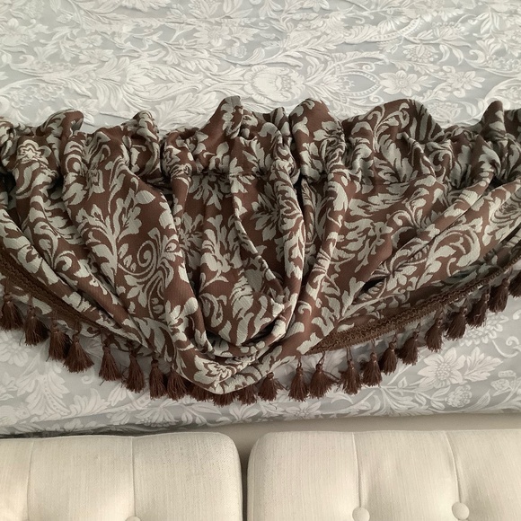 Allen & Roth Set of 2 chocolate brown and soft blue window swags with fringe - Picture 1 of 4